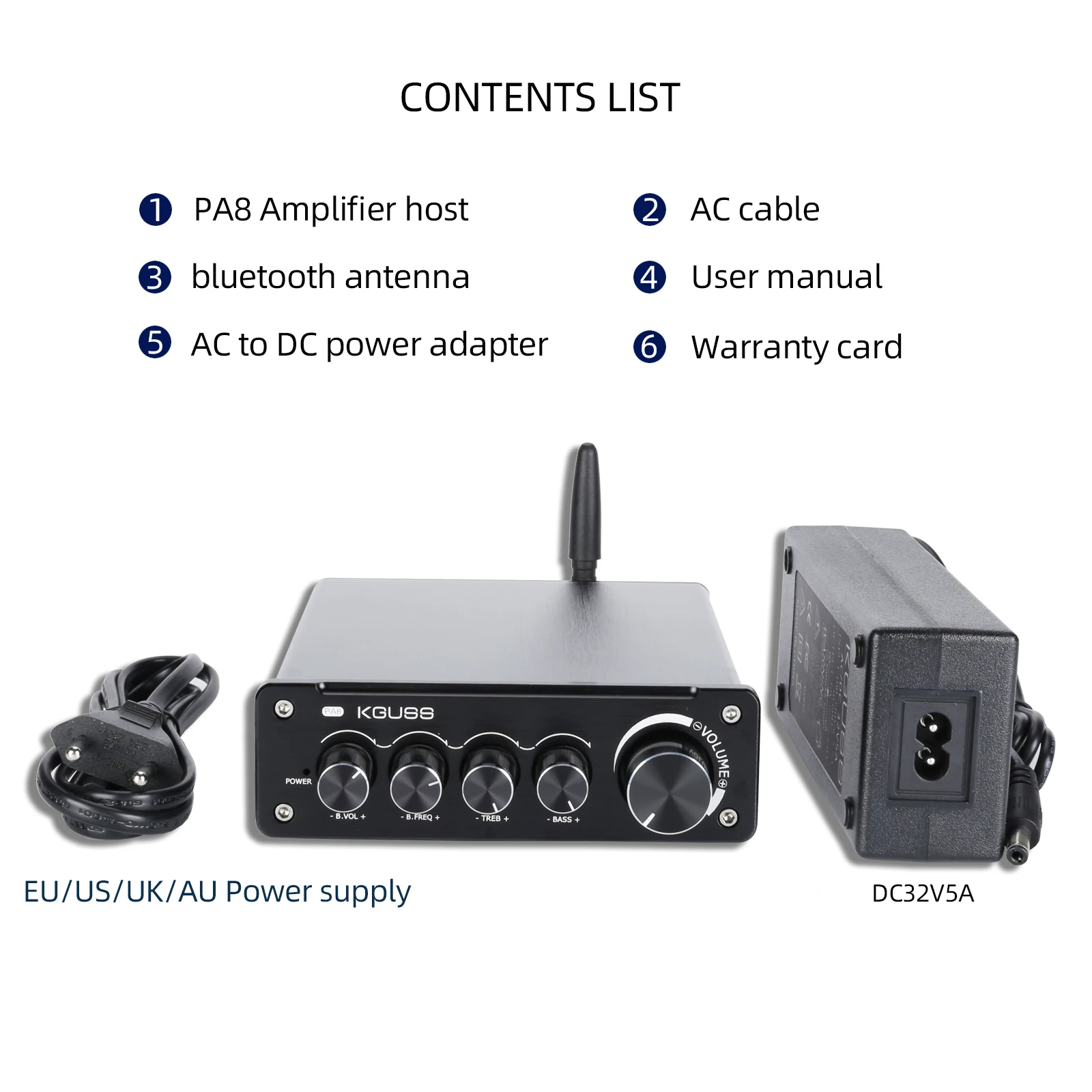 KGUSS PA8 High Power 2.1 channel Bluetooth digital amplifier TPA3255 HIFI bass ES9023 QCC3034 APTX HD 150W*2 power amplifier