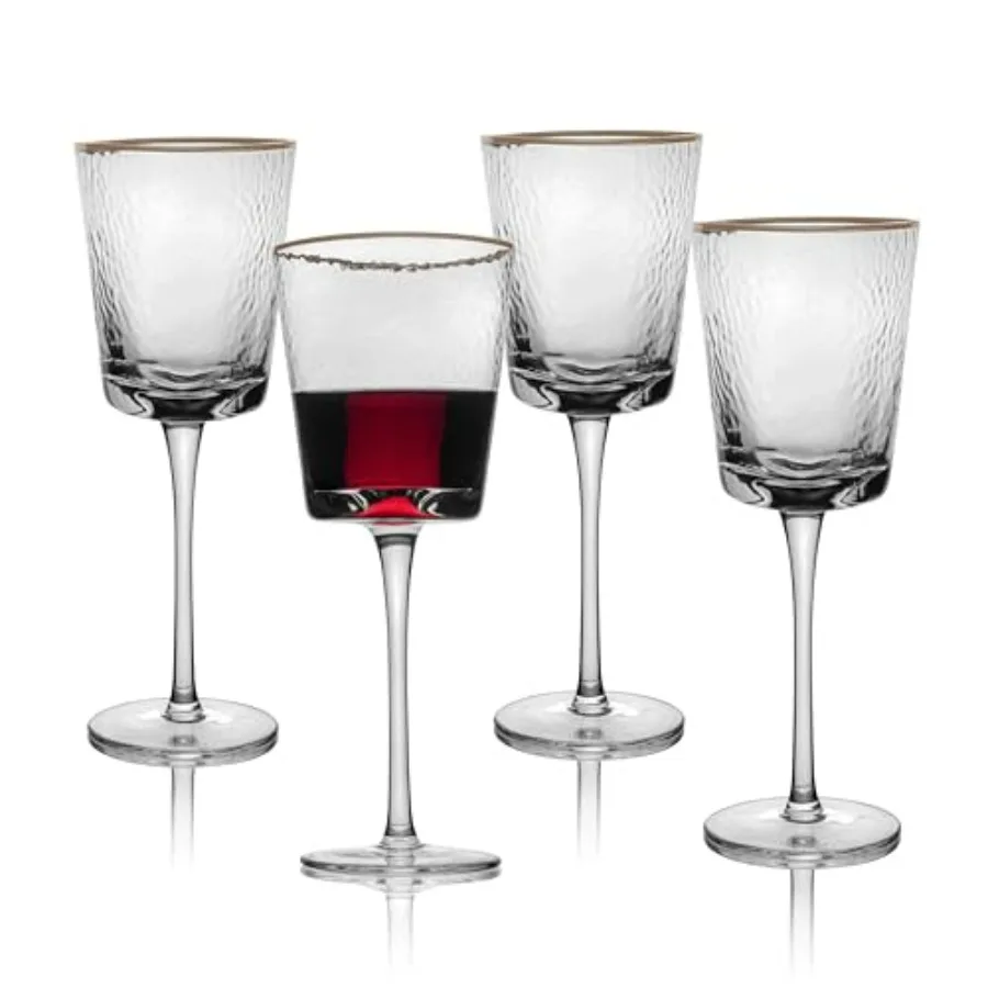 

Gold Rimmed Wine Glasses Set of 4 10oz Handblown Hammered Glass with Unique Triangular Shape Elegant Stemware for Red White and