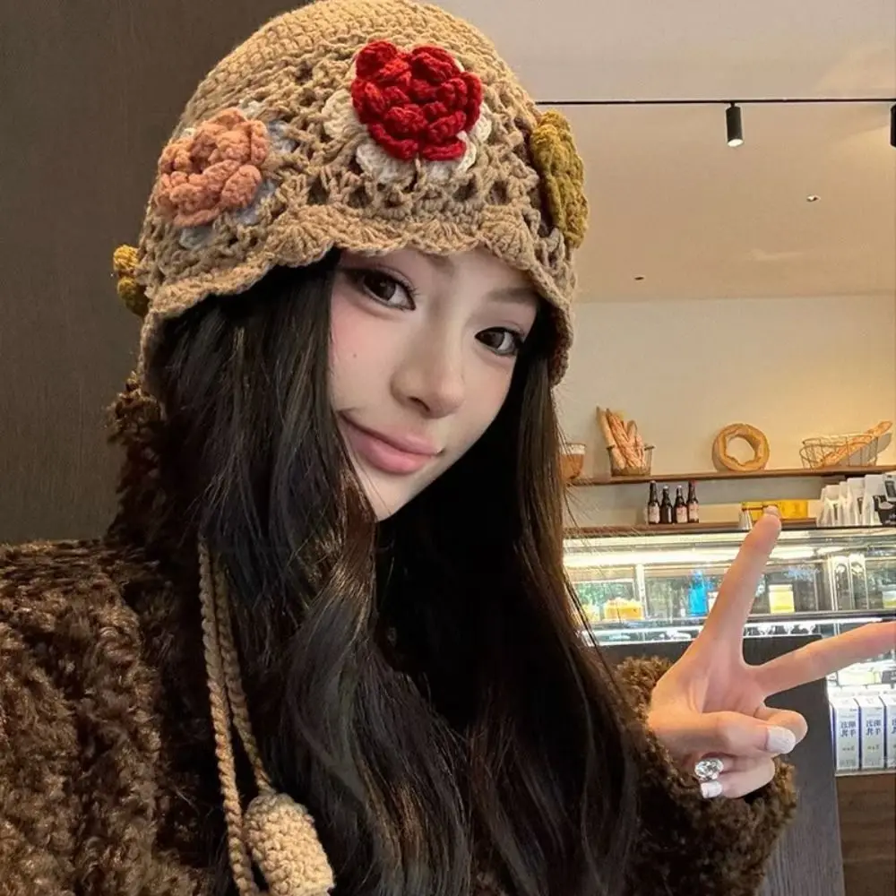 

Tassels Crochet Knitted Hat Hollow Out Bohemian Style Tassel Beanies Korean Handmade Ethnic Style Hat Apparel Accessories