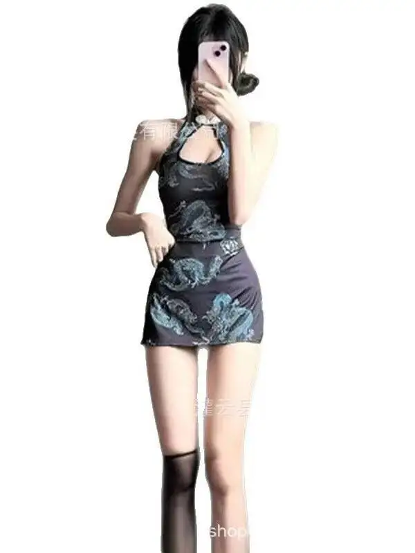 Floral Totem New Chinese Style Dragon Pattern Cheongsam Dress Trendy Backless Deep V Hanging Neck Sleeveless Dress Elegant 5TAJ