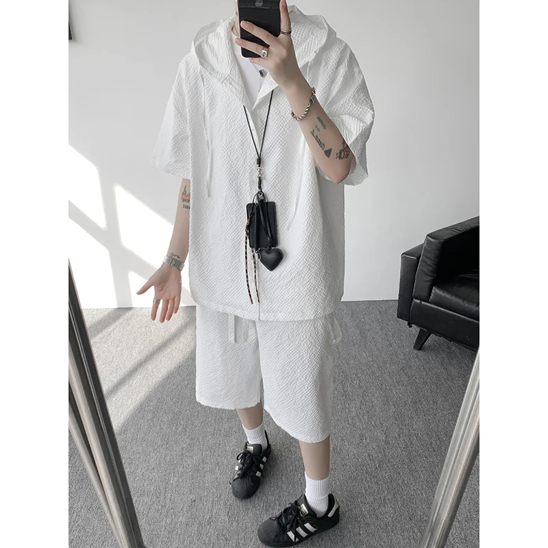 plus Size Men's Quick-Dry Textured Hooded Shirt And Shorts Set M-XXXXXXXXL Casual 2-Piece Summer Streetwear Outfit