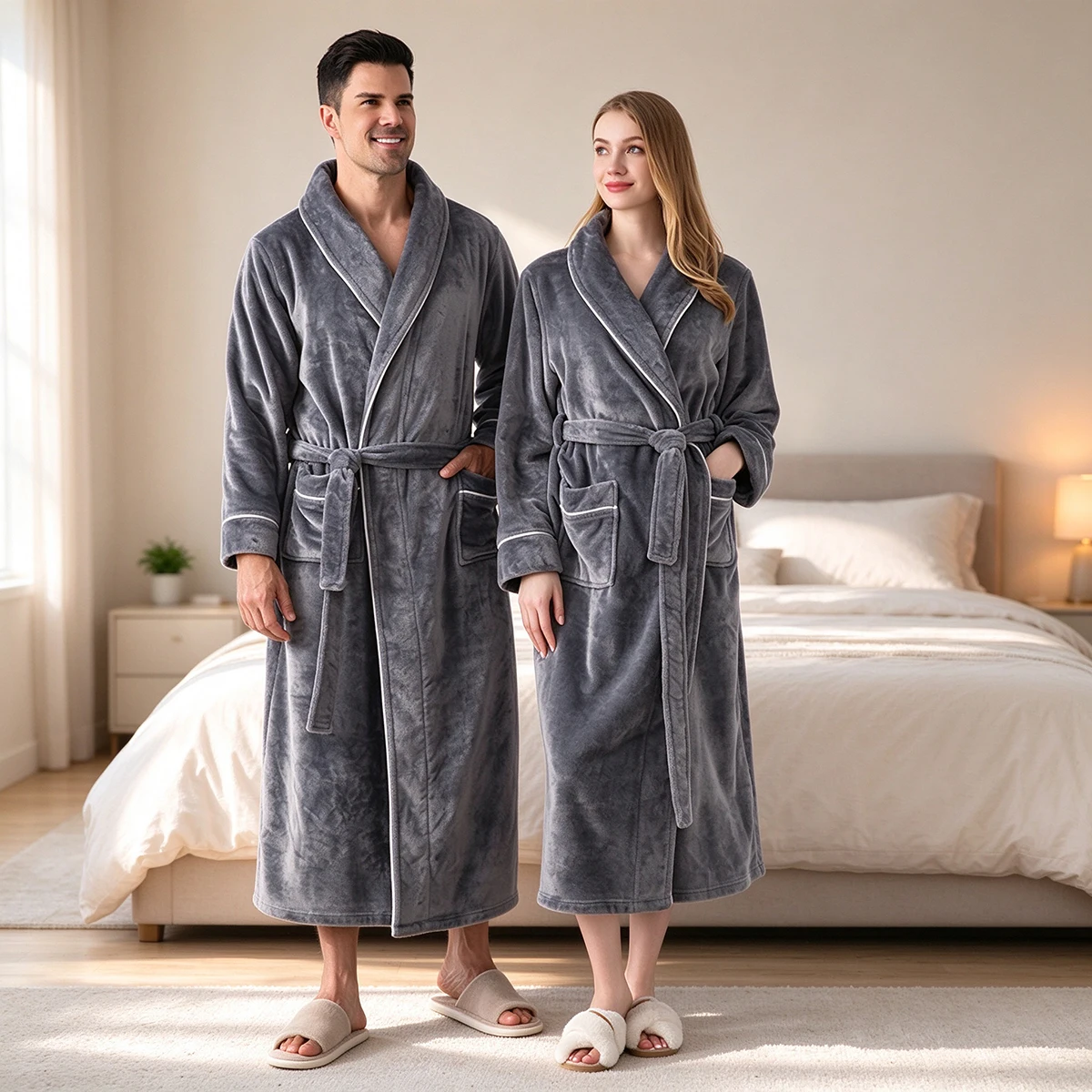 Paar-Bademantel für Damen und Herren, Flanell-Fleece-Morgenmantel, dicker, warmer Plüschmantel mit Schalkragen und Gürtel, Winter-Schlafanzug, Loungewear – Detail 5