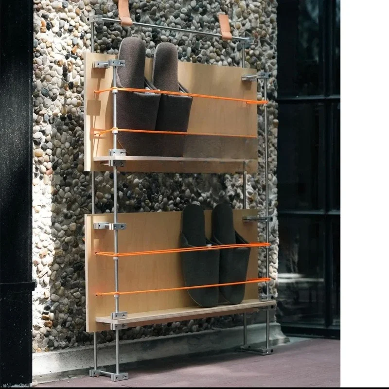 Simple modern entryway small shoe rack, light shaft, stainless steel solid rod, birch magazine rack, home display rack