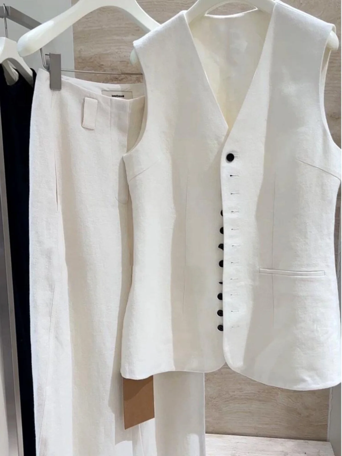 

White Suit Jaet And Wide Leg Pants Two Piece Set Women's Profional Commute Korean Sle Cotton Linen Busin Casual Outfit