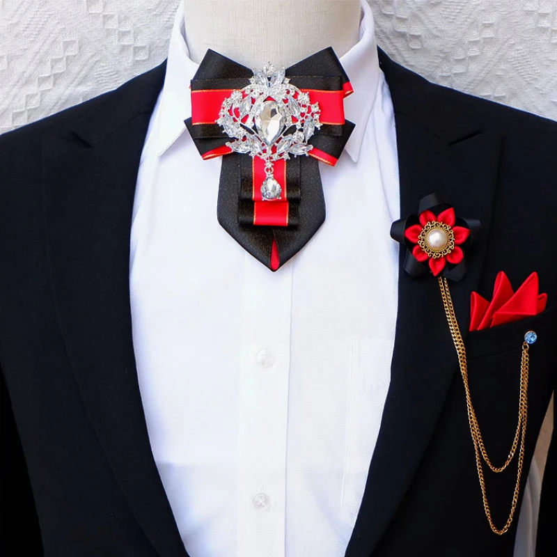 Bow Ties Brooch Set for Men British Luxury High-end Rhinestone Accessories Men's Business Banquet Jewelry Wedding Collar Flowers