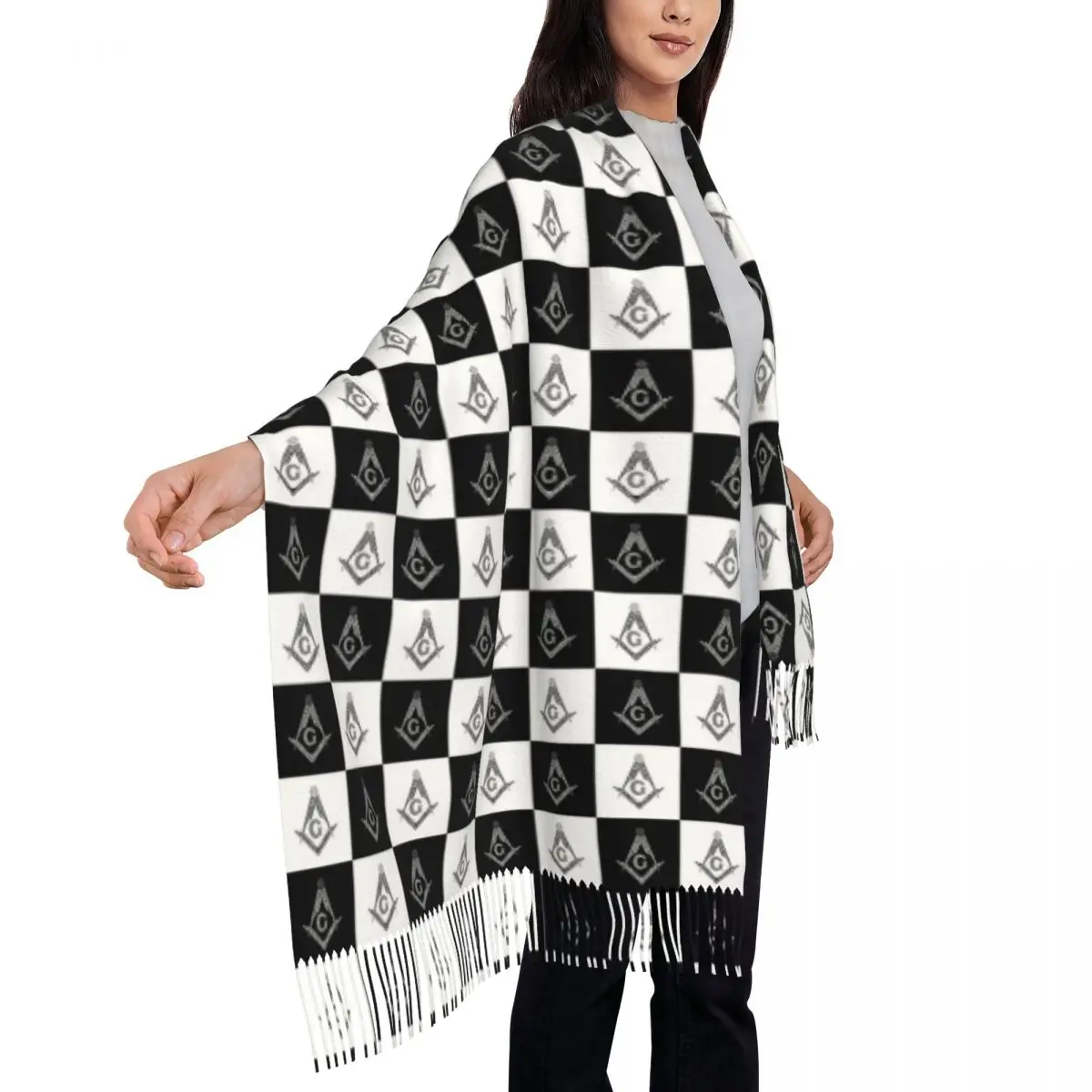 Écharpe à motif à carreaux franc-maçon pour hommes et femmes, imprimé personnalisé, noir et blanc, écharpes chaudes d'automne d'hiver, châles Wraps