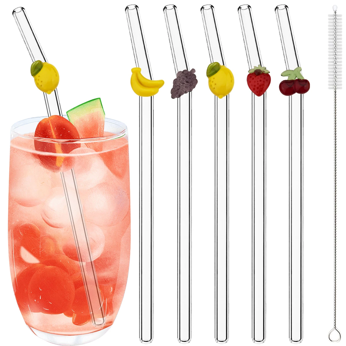 5 stücke Hohe Borosilikatglas Stroh Set Obst Kreative Aufkleber Stroh Milch Tee Saft Cocktail Stroh mit Pinsel Bar Zubehör