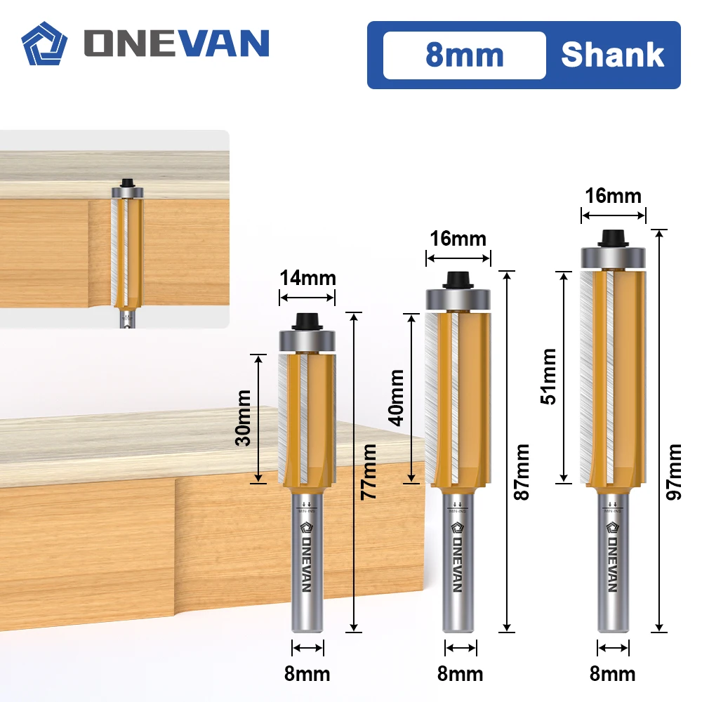 ONEVAN 4 Flute (Z4) Flush Trim Router Bit Set 8mm shank, Bottom Bearing carbide tipped Milling Cutter for Wood Woodworking