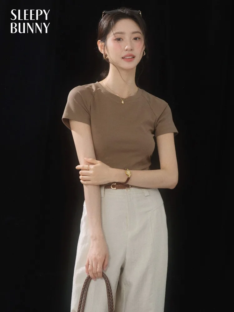 

Women Cropped T Shirt Slim Raglan Sleeve Top Round Neck Tee Stretch Basic Short Top Casual Summer Daily Outfit Petite Style Lady