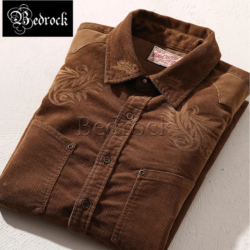 MBBCAR 240g Western Long Sleeve Shirt Tang Grass Flower Embroidered Brown Vintage Corduroy Shirt Double Pocket Washed Distressed