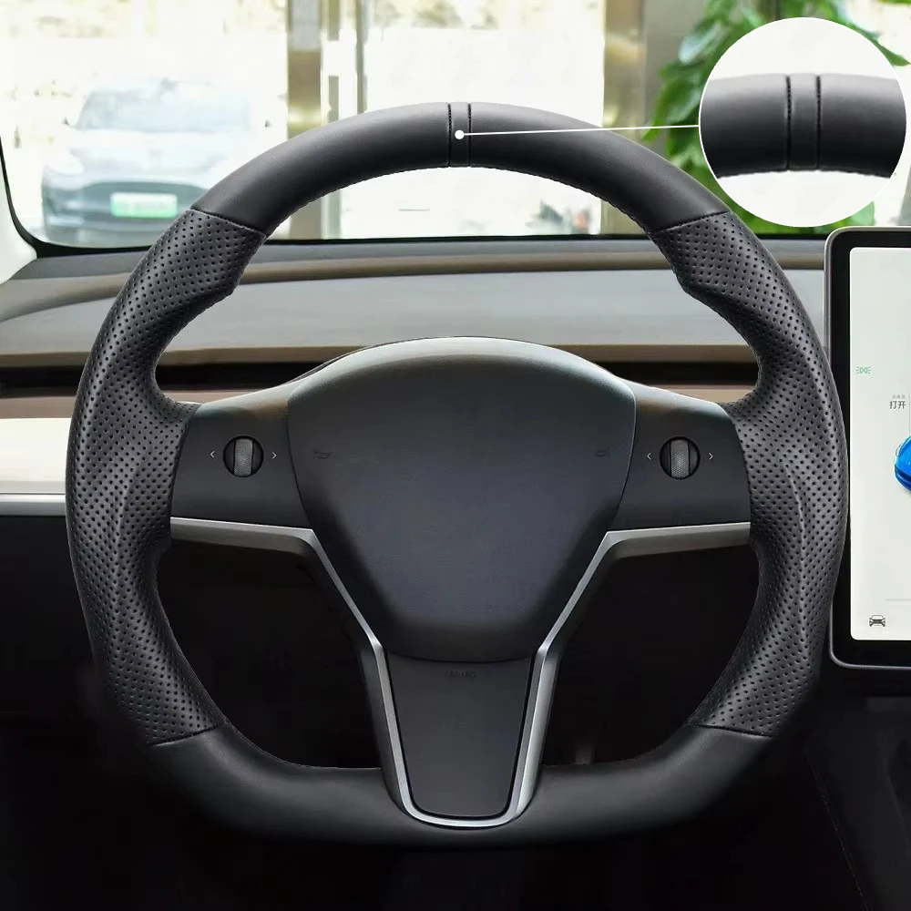 Full Black Leather Steering Wheel Fit For Tesla Model 3 16-22 Model Y 20-24 With Black Positioning Line Without Heating