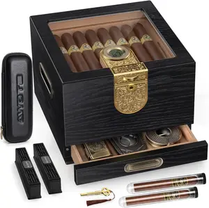 Premium Cedar Wood Cigar Humidor with Glass Top, Digital Hygrometer, Leather Case, Tube, and Accessories Drawer - Black Gift Set