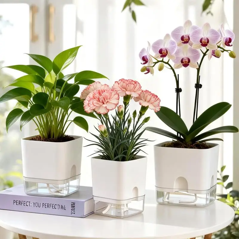 White Self Watering Plant Pot Square Double Layer Flowerpot For Home Indoor And Outdoor Balcony Garden Plants Decor Flowerpot