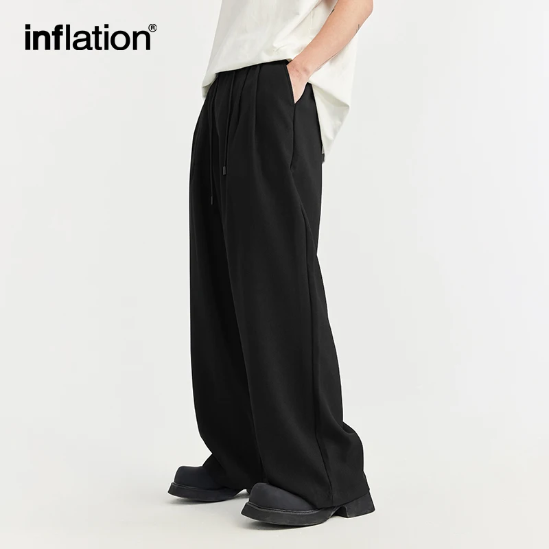 INFLATION Black Wide Leg Suit Pants Men 2024 Trendy Elastic Waist Drape Casual Trousers Unisex