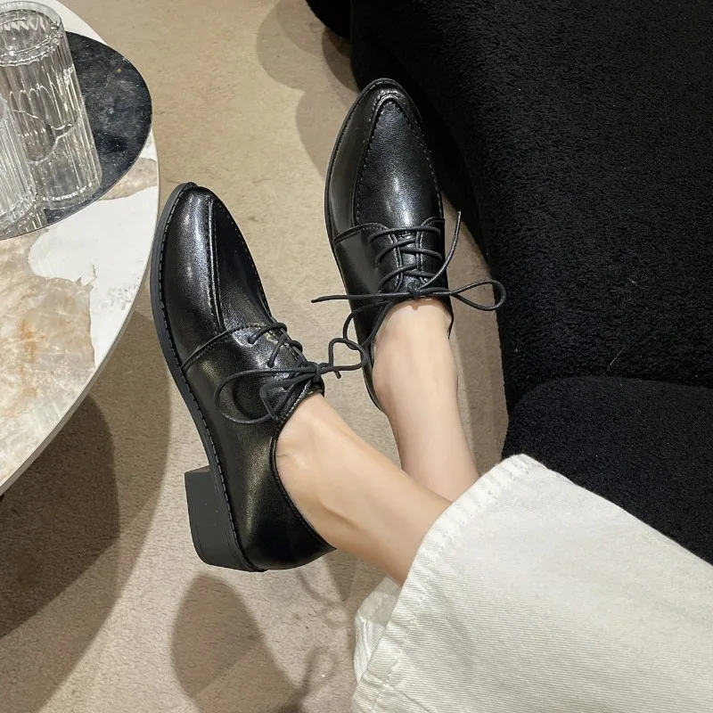 2024 Spring and Autumn New Leather Shoes Women\'s Square Heel Pointed Toe Oxford Shoes Derby Casual Fashion Women\'s Dress Shoes