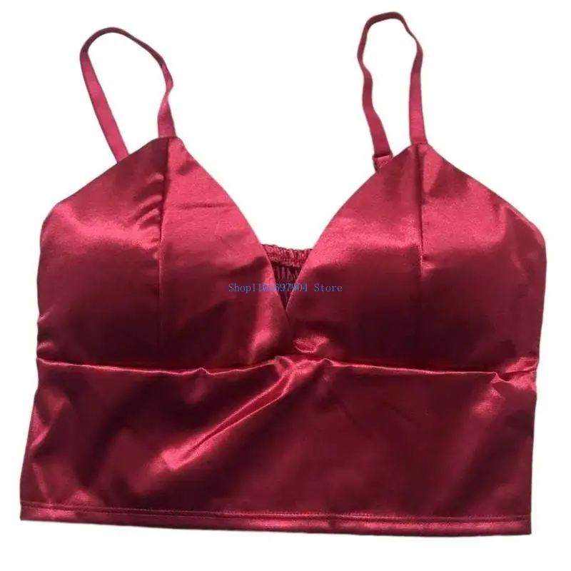 N7YF Women French Satin Spaghetti Pasek Camisole Seksowna głęboka dekolt w szpic na trójkąt kubek wyściełany top shirred