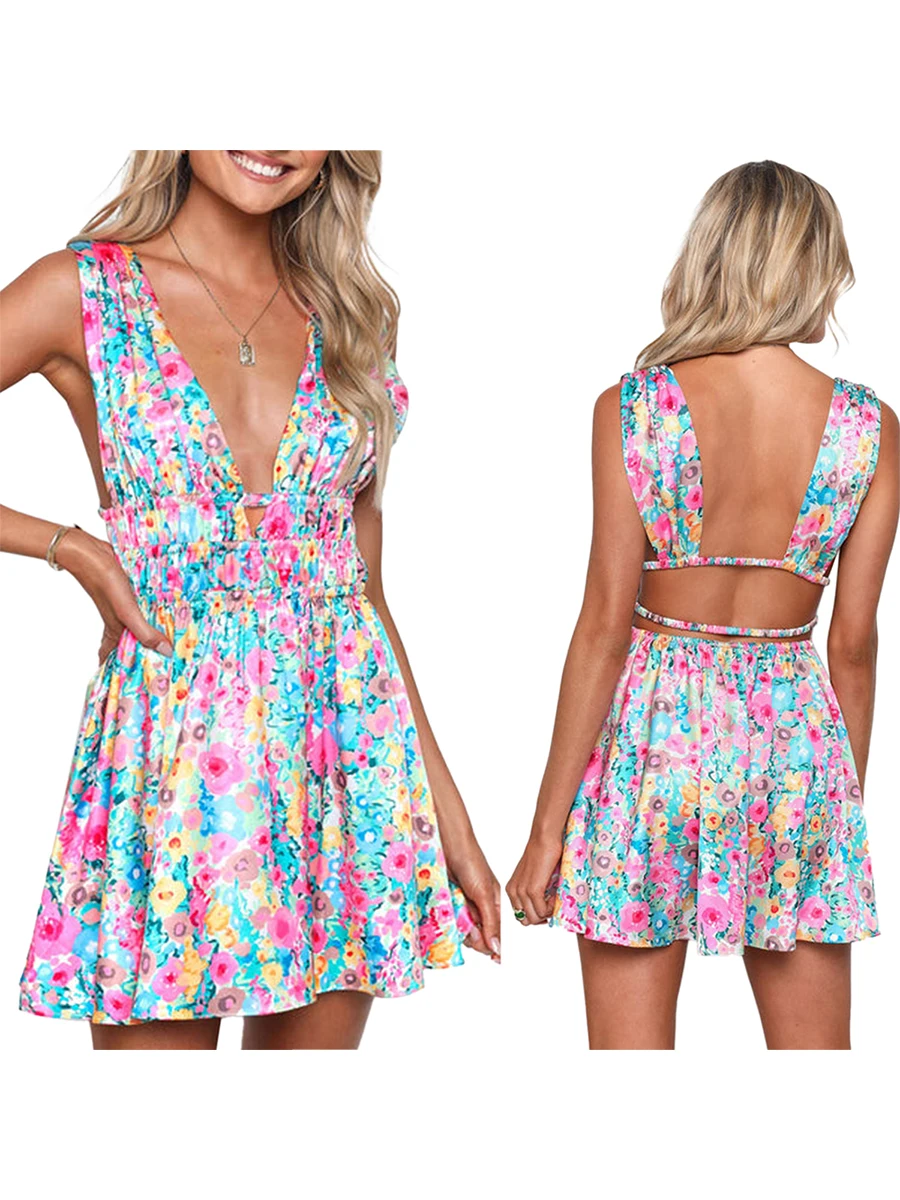 Elegant Floral Print Sleeveless V Neck Mini Dress for Women Perfect for Summer Club Parties with Backless Design