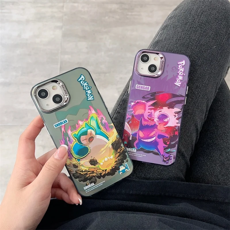 Cartoon Pikachu G-Gengar S-Squirtle Phone Case Anime for IPhone 11 12 13 14 15 Pro Max Plating Lens Shockproof Back Cover Gift