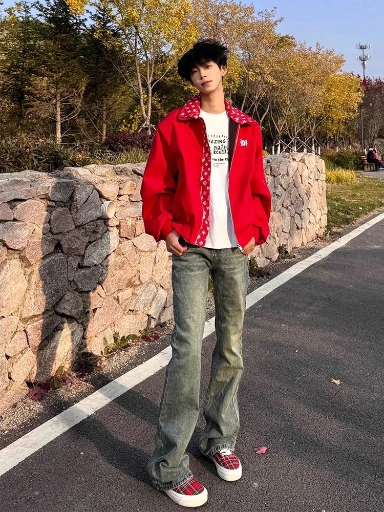 

Retro American Vibe Men's Blue Fleece Lined Straight Leg Jeans Cleanfit Slimming Trousers for Autumn Winter Casual Wear