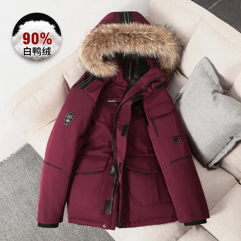 Fur Collar Winter Jackets Men Hooded Parka Coat Outdoor Thick Warm White Duck Down Jacket