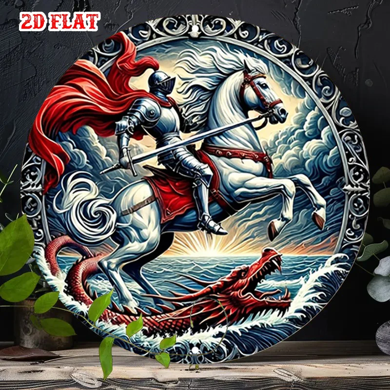 2D Flat, 2D Flat 1pc Red Cloak Metal Sign, Dragon Battle Round Sign, White Horse 7.8X7.8Round Sign - Knight Rustic Metal Wall Ar