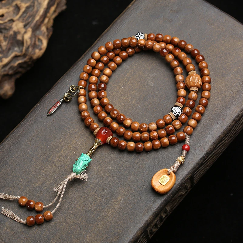 Tibetan-style Kuk 108-bead Buddha bracelet with agate three-way connector and copper accessories