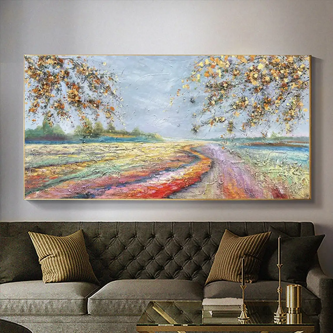 Gold Field Landscape Hand Painted Oil Painting on Canvas Large Abstract Texture Handmade Big Painting Living Room Wall Art Decor