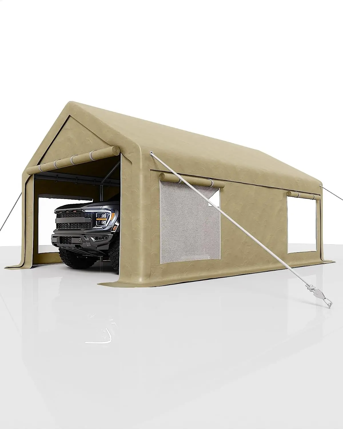 Khaki 12x20 ft Portable Garage – Heavy Duty 200g PE Carport with 2 Roll-Up Doors & 4 Windows | Temporary Paint Booth, Boat & Pickup Shed, Event Shelter