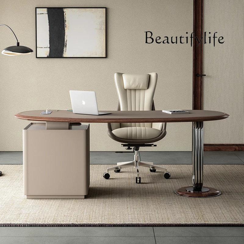 

Retro style saddle leather desk Italian minimalist home office with sub-cabinet solid wood computer desk