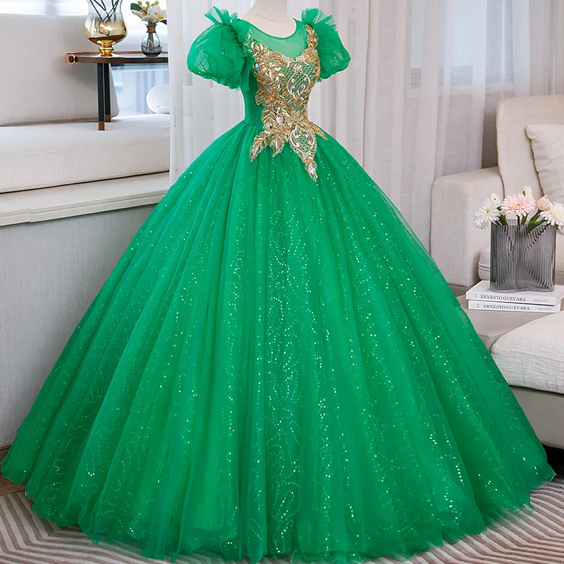 100%real green bubble sleeve glitter medieval dress Renaissance gown Sissi princess Cosplay Victorian/Marie Belle Ball