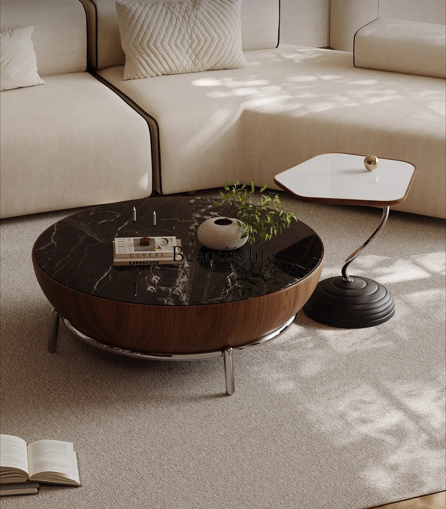 02   Italian Minimalist Marble Coffee Table Set Round Rock Plate Light Luxury High-end Feel