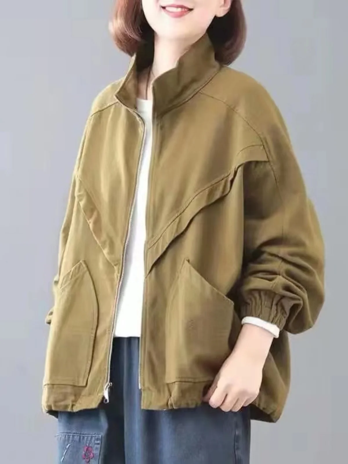 

Свободная повседневная женская ветровка оверсайз в корейском стиле с воротником-стойкой, универсальная, больших размеров, уличная одежда, однотонная, на молнии