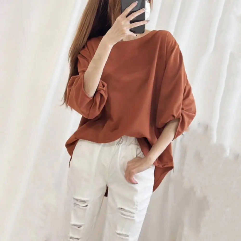 Women Top Stylish Women's Summer Tops Round Neck Three-quarter Sleeve T-shirt with Knotted Cuffs Loose Fit Pullover in for Women