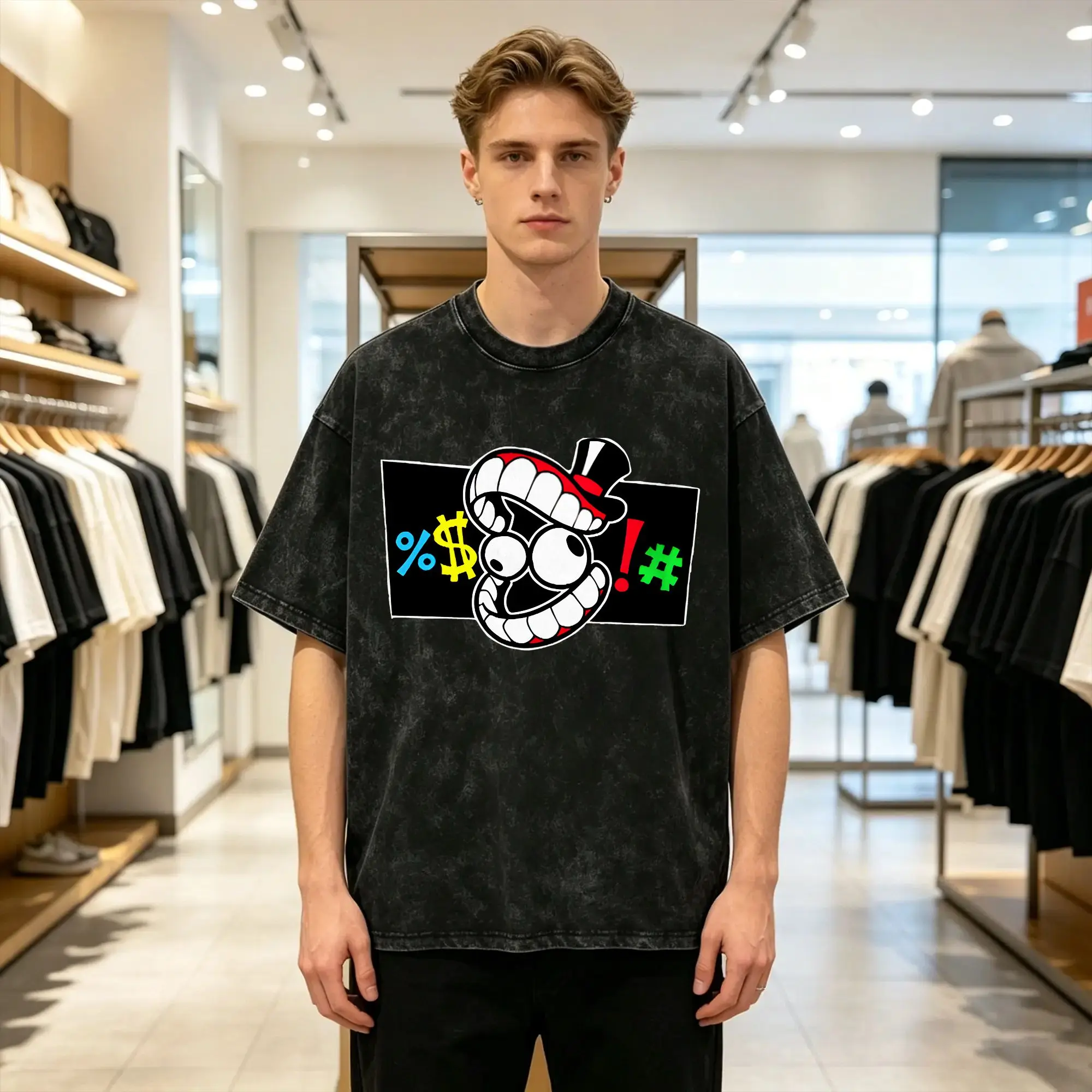 Cartoon Digatal Circus Men T Shirt Washed Caine  Awesome Tees Short Sleeve Crewneck T-Shirt Cotton Graphic Printed Tops