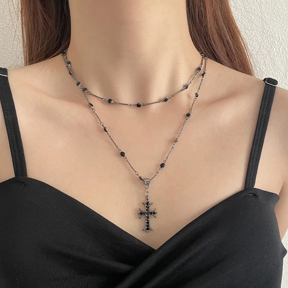 Summer Black Rhinestone Cross Jesus Pendant Choker Necklace for Women Punk Vintage Double Layers Chain 2024 Neck Boho Jewelry