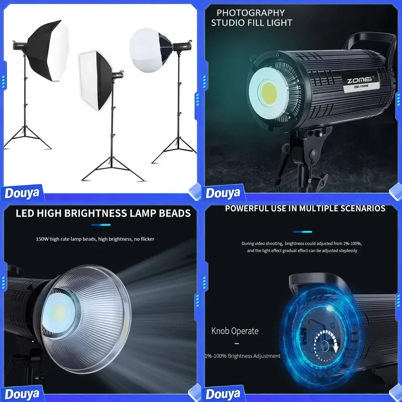 150W LED Studio Video Light Kit Bowen Mount Photo 5500K with Softbox and Light Stand Photographic Lighting Equipment