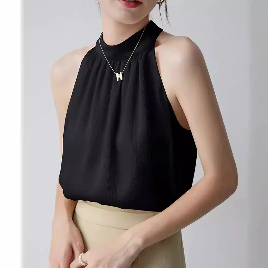 

Женские топы на бретелях с вырезом 2025 года, шифоновый жилет без рукавов, дизайнерская ниша, элегантная женская майка на бретелях