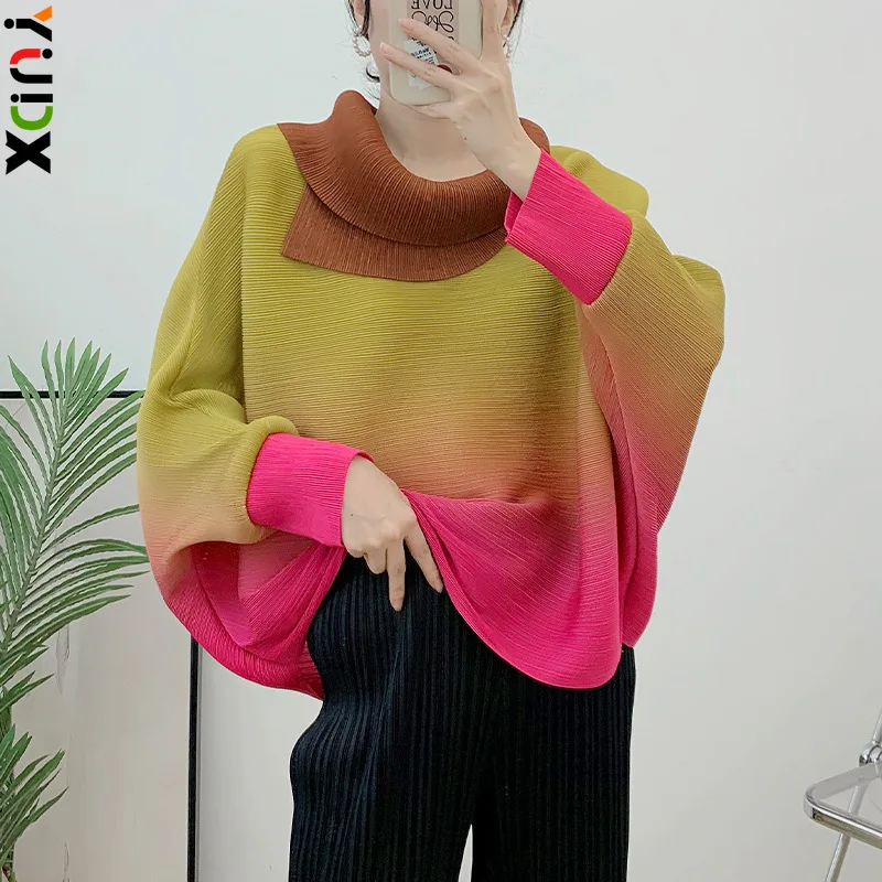 

YUDX Gradient Color Pleated T-shirt For Women Lapel Batwing Sleeves Loose Fashion Elegant Clothes Female 2023 Autumn New