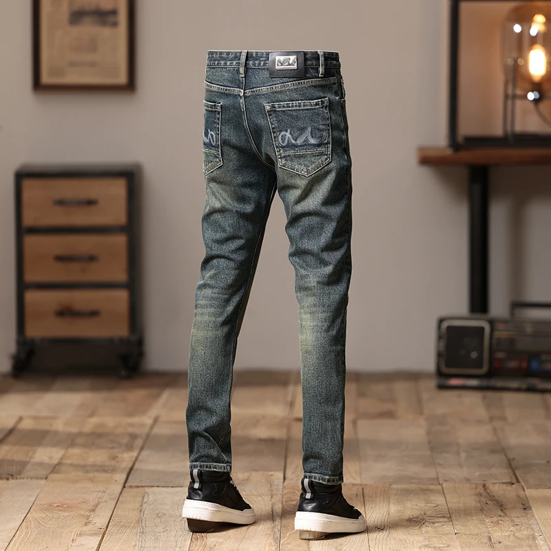 Newly Vintage Fashion Men Jeans High Quality Retro Washed Blue Stretch Slim Fit Ripped Jeans Men Embroidery Designer Denim Pants