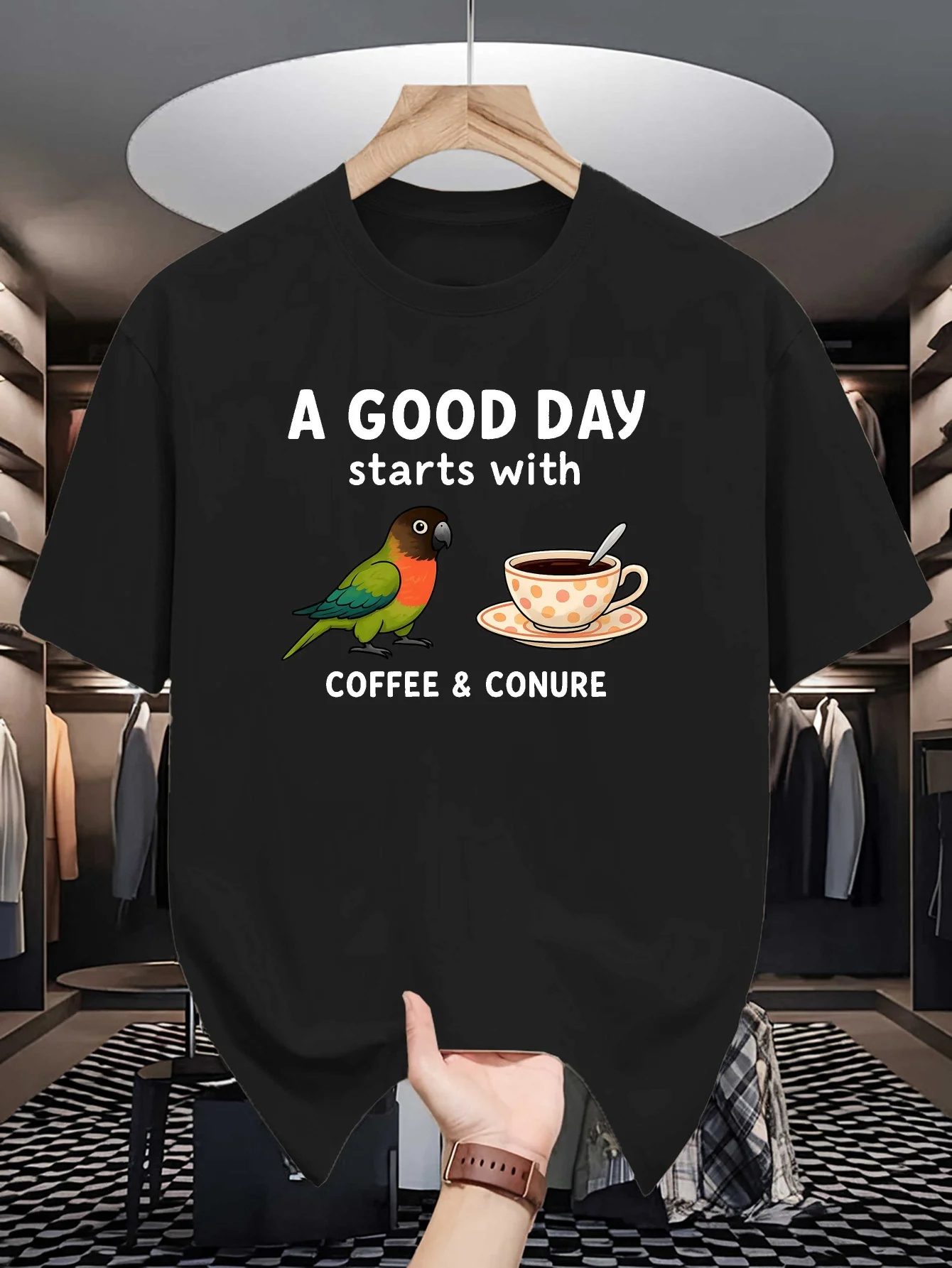 Coffee And Conure Print Mens Crew Neck T Shirt Cute Parrot Coffee Cartoon Graphic Short Sleeve Casual Cotton Trendy Street Tees