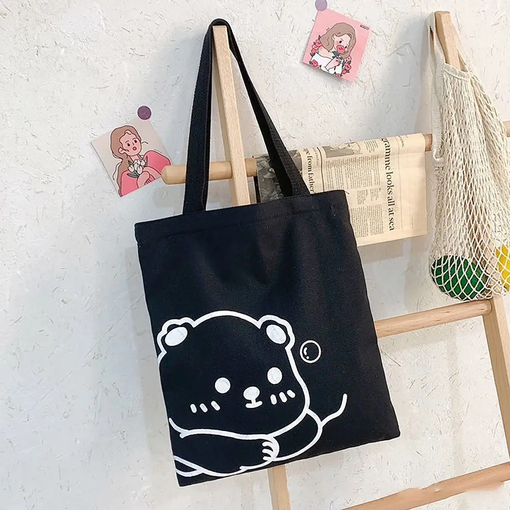 Casual Bear Printed Bucket Handbags Korean Style Canvas Tote Bag Large Capacity Shopping Bag Commuting