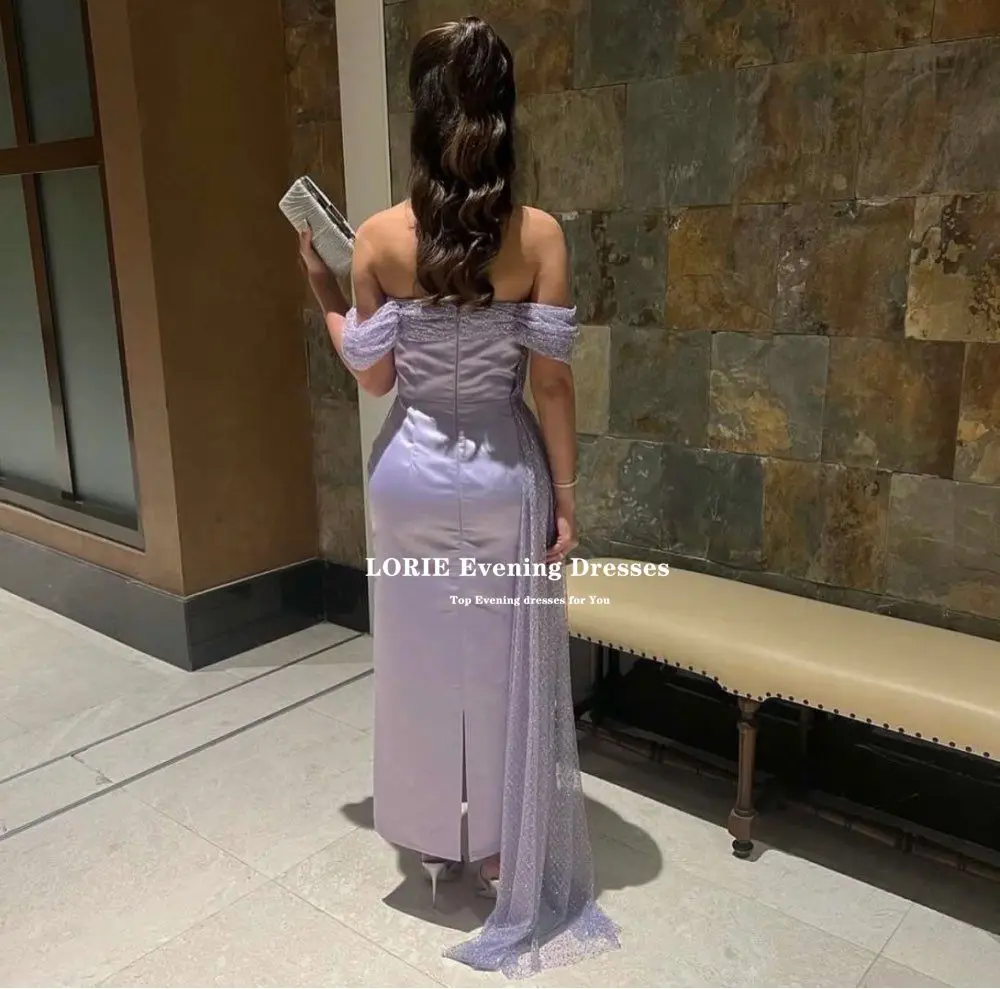 LORIE Lilac Satin Mermaid Evening Dresses Off The Shoulder With Dotted Tulle Formal Prom Party Beauty Pageant Dresses Back Split