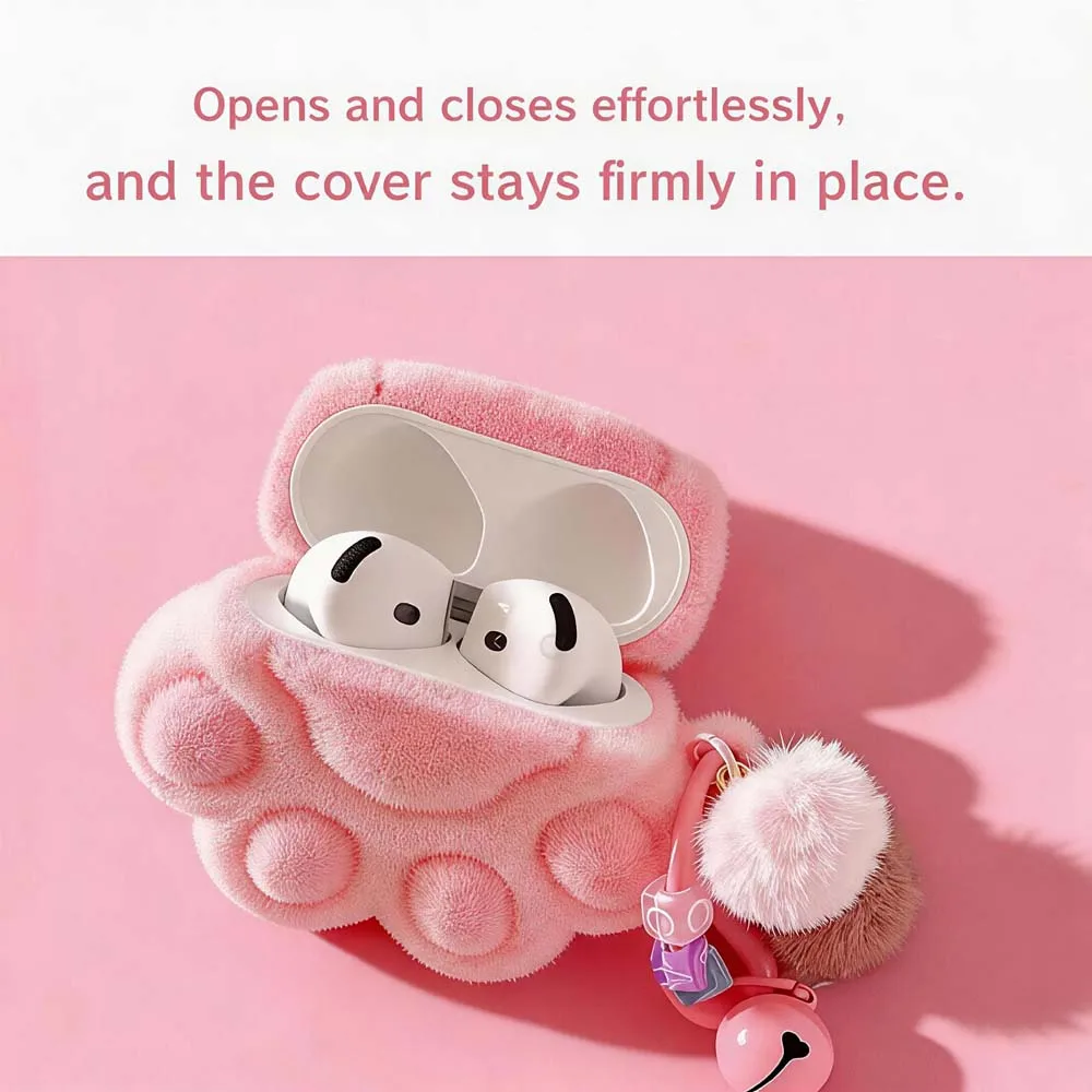 Pink Cat Paw Plush For AirPods Case Cute Furry Soft Protective Cover for AirPods Pro 2 Pro 3 AirPods 4 Kawaii Earbuds Case view 3