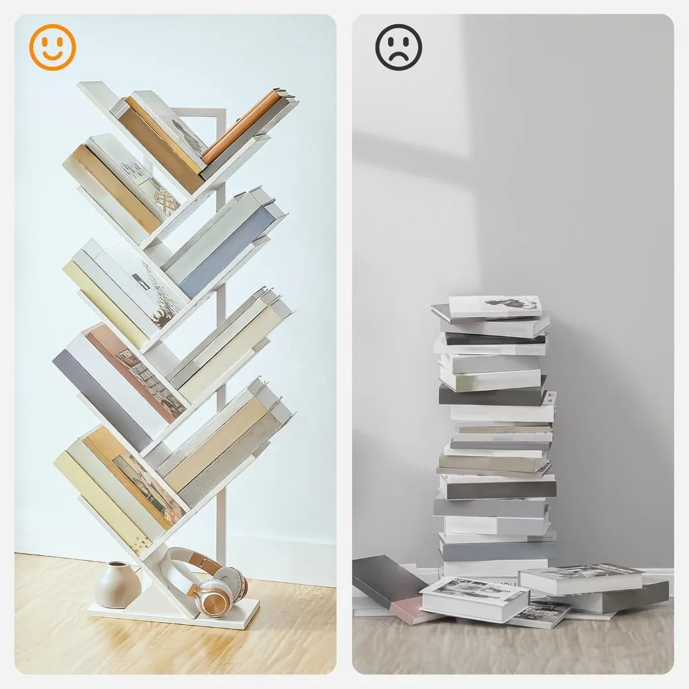 Tree Bookshelf, 9-Tier Bookcase Wooden Shelves, Floor Standing Storage Rack, for Display of CDs, Books in Living Room