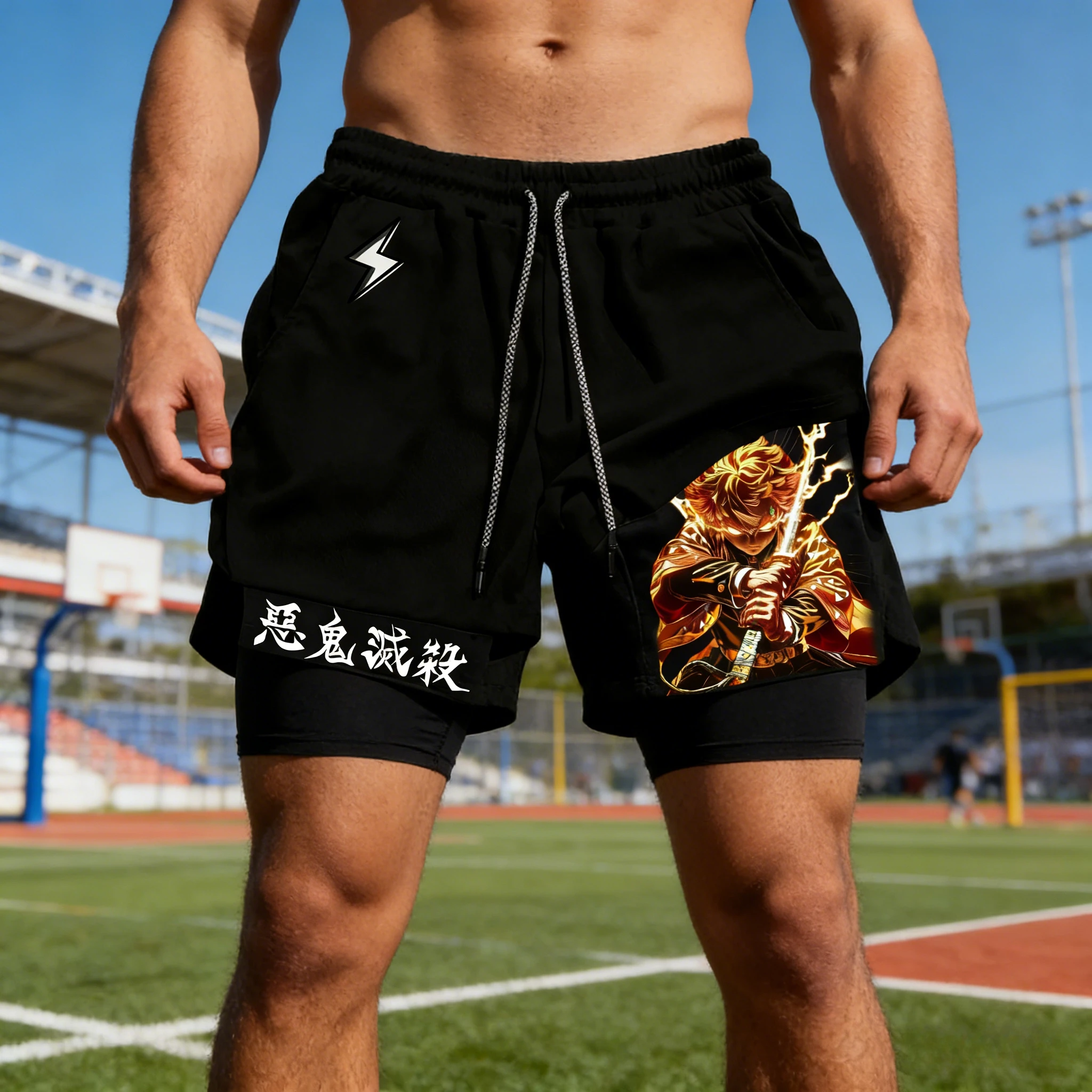 Demon Slayer Anime Zenitsu Co Branded Peripheral Shorts 2026 Summer New Men's Running Sports Fitness Breathable 2-in-1 Shorts