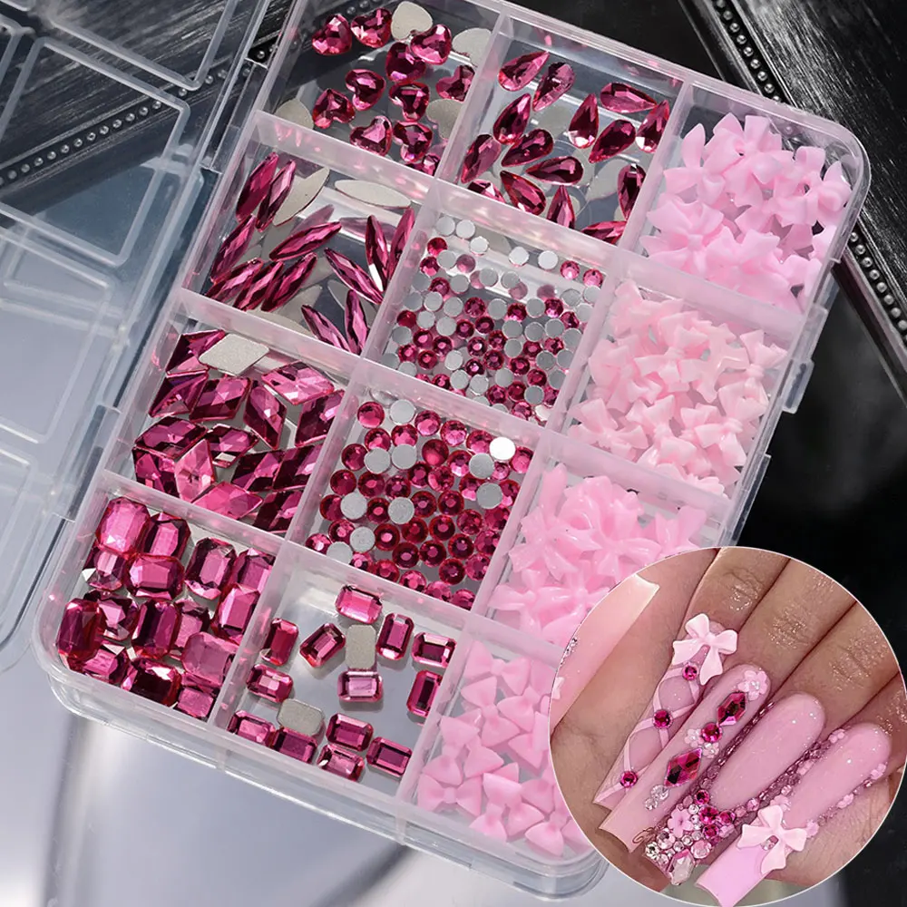 

12grids Multi-shapes Rose Pink Diamonds Nail Rhinestones & Resin Pink Bow Ribbon Nail Charms Kawaii Flat Back Gems Nail Crafts