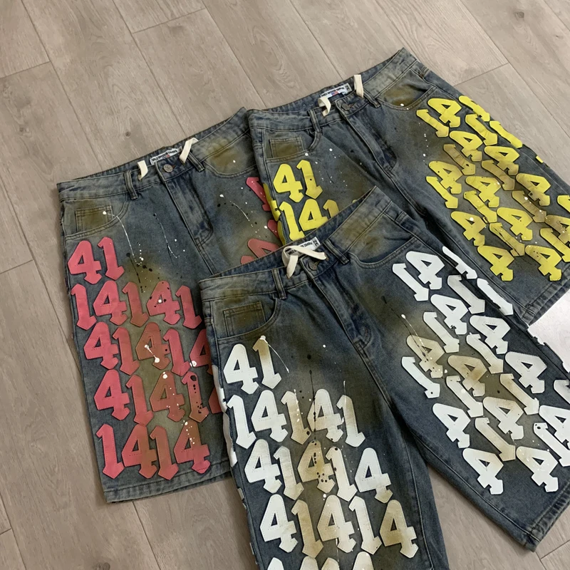 New Y2K VALLEY Men Women Loose Denim Shorts Retro Splatter Paint Number Graphic Hip Hop Streetwear Jorts
