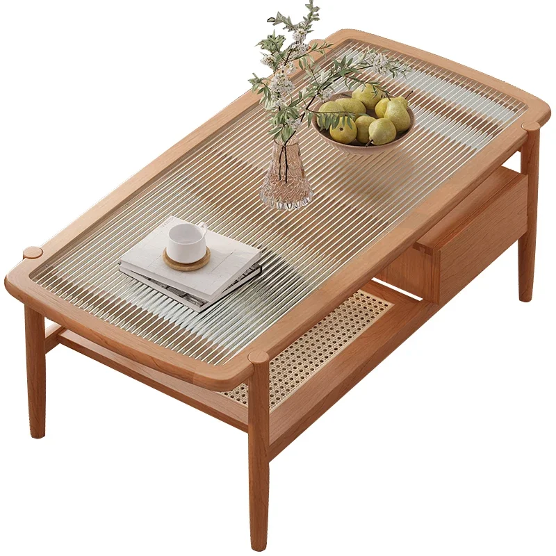 Japanese contracted style rectangular real wood cane makes sitting room glass coffee table