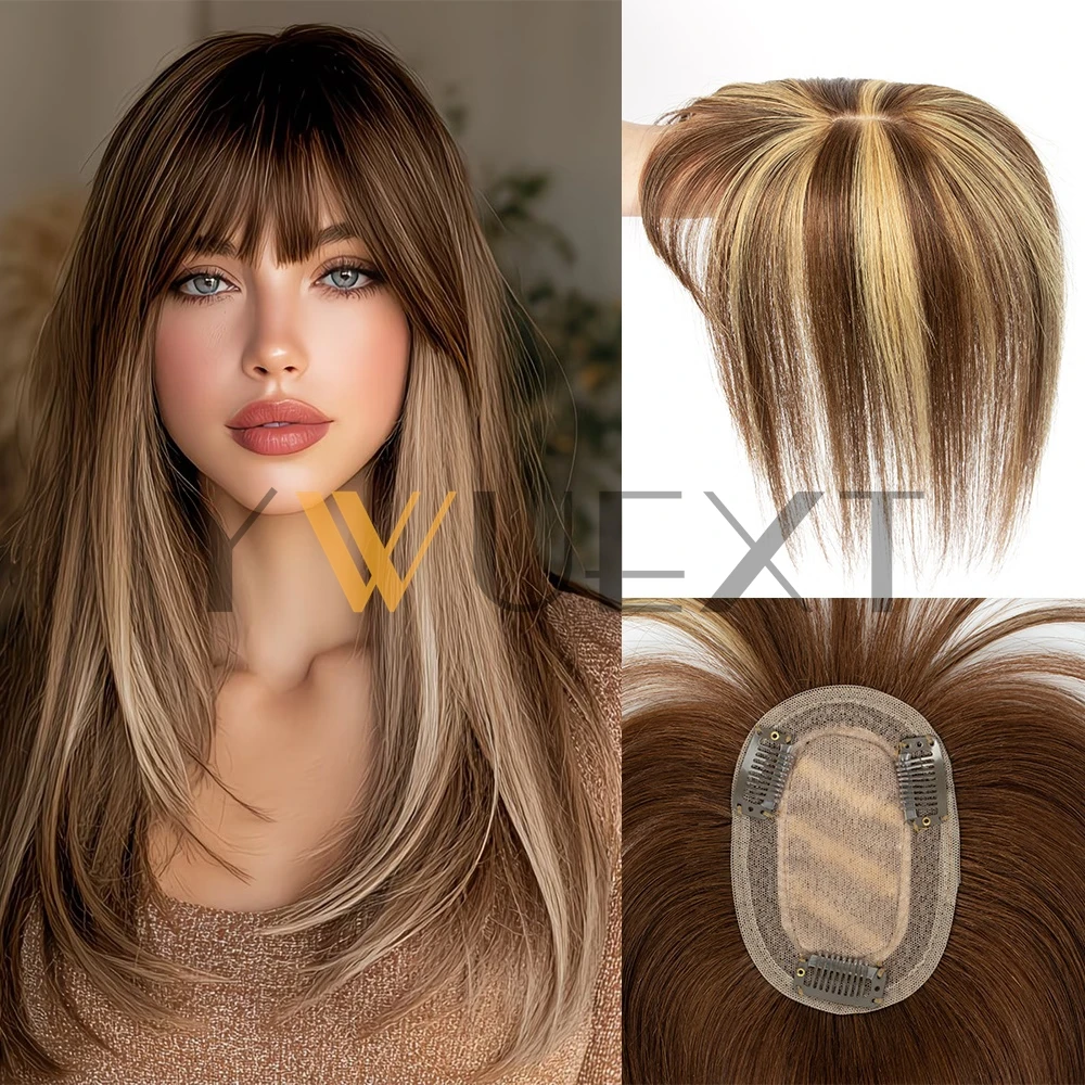 8x12cm Human Hair Topper with Bang Black Brown Breathable Base Hair Piece Top Wig With Clips In Human Hair 8