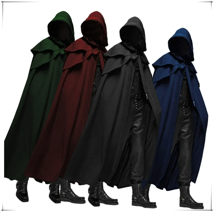 Mittelalterlicher Vintage Kapuzenumhang, lockerer schwarzer Mantel, winddichter Trenchcoat, schicker Winter-Langumhang, Poncho für Herren, Cosplay-Assassin-Zauberer-Umhang